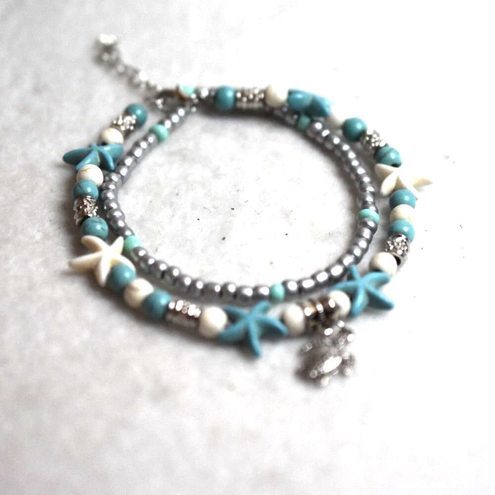 Beachy Blue/Silver Tone/White Double Beaded Turtle Charm 8 Inch Anklet Bracelet